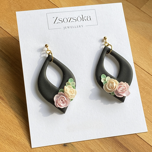 Black and Flowers, Ékszer, Fülbevaló, Lógó fülbevaló, Gyurma, MESKA