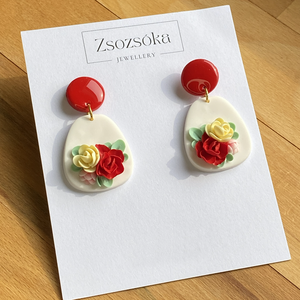 Red and Flowers, Ékszer, Fülbevaló, Lógó fülbevaló, Gyurma, MESKA