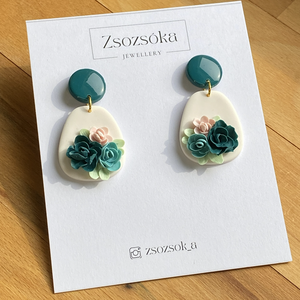 Blue and Flowers, Ékszer, Fülbevaló, Lógó fülbevaló, Gyurma, MESKA