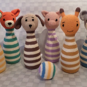 Állat figurás bowling bábuk labdával ügyességi babajáték  amigurumi figurákkal - játék & sport - készségfejlesztő és logikai játék - oktató játékok - Meska.hu