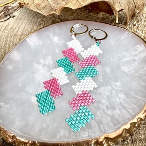 Zsuwel türkiz-rózsaszín cikkcakk fülbevaló , Ékszer, Fülbevaló, Lógó fülbevaló, Gyöngyfűzés, gyöngyhímzés, Ékszerkészítés, MESKA