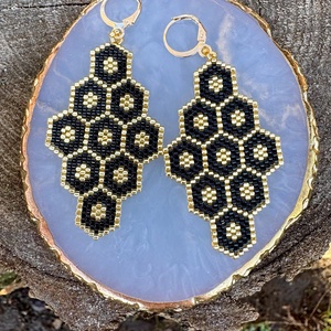 Zsuwel Fekete-arany  FLOWER fülbevaló, Ékszer, Fülbevaló, Lógó fülbevaló, Ékszerkészítés, MESKA