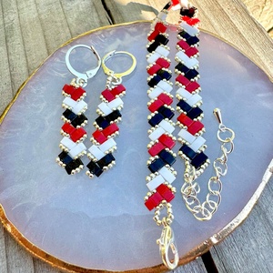 Zsuwel Fekete-fehér-piros  ékszerszett, Ékszer, Karkötő, Gyöngyös karkötő, Ékszerkészítés, Gyöngyfűzés, gyöngyhímzés, MESKA