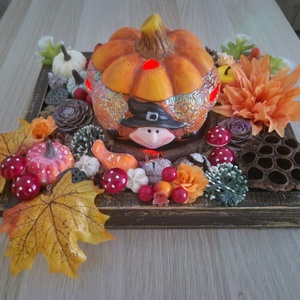 Őszi ládika világító tökkel - otthon & életmód - dekoráció - halloween - halloweeni asztaldísz - Meska.hu