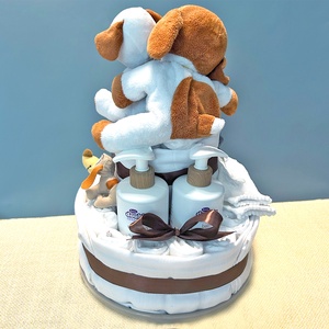 KUTYUS-TORTA nagy, emeletes névre szóló pelenkatorta, babalátogató-, babaüdvözlő ajándék - baba - mama - pelenkázó, babafürdető kellékek - pelenkatorta - Meska.hu