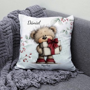 Névvel kérhető - Cuki téli maci ajándékkal mintás párna - otthon & életmód - lakástextil - párna & párnahuzat - díszpárna (belsővel együtt) - Meska.hu