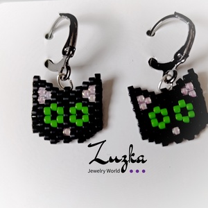 Macskás fülbevaló, Ékszer, Fülbevaló, Lógó fülbevaló, Gyöngyfűzés, gyöngyhímzés, MESKA