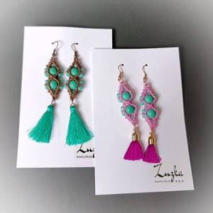 Bojtos fülbevalók, Ékszer, Fülbevaló, Rojtos fülbevaló, Gyöngyfűzés, gyöngyhímzés, MESKA