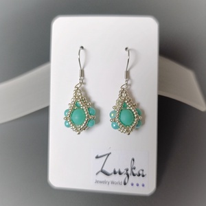 Türkiz-ezüst csepp fülbevaló, Ékszer, Fülbevaló, Lógó csepp fülbevaló, Gyöngyfűzés, gyöngyhímzés, MESKA