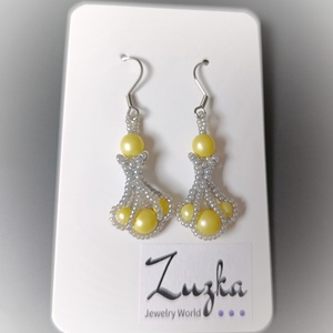 Szürke-sárga csepp fülbevaló, Ékszer, Fülbevaló, Lógó csepp fülbevaló, Gyöngyfűzés, gyöngyhímzés, MESKA