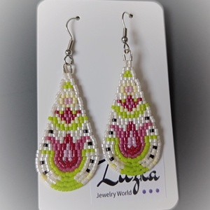 Tulipános csepp fülbevaló, Ékszer, Fülbevaló, Lógó csepp fülbevaló, Gyöngyfűzés, gyöngyhímzés, MESKA