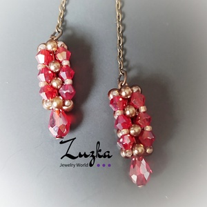 Piros-bronz lógós fülbevaló, Ékszer, Fülbevaló, Lógó fülbevaló, Gyöngyfűzés, gyöngyhímzés, MESKA