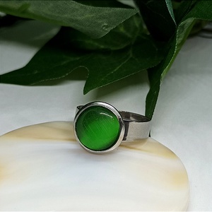 Zöld macskaszem üveglencsés kaboson nemesacél gyűrű, Ékszer, Gyűrű, Szoliter gyűrű, Ékszerkészítés, MESKA