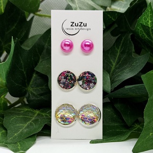 Pink-lila-ezüst színkavalkád pötty fülbevalók, Ékszer, Fülbevaló, Pötty fülbevaló, Ékszerkészítés, MESKA