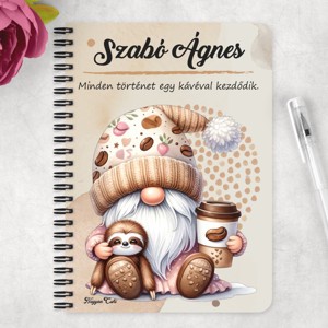 Személyre szabható - Kávés manó cuki lajhárral mintás A5-ös füzet - otthon & életmód - papír, írószer - jegyzetfüzet & napló - Meska.hu
